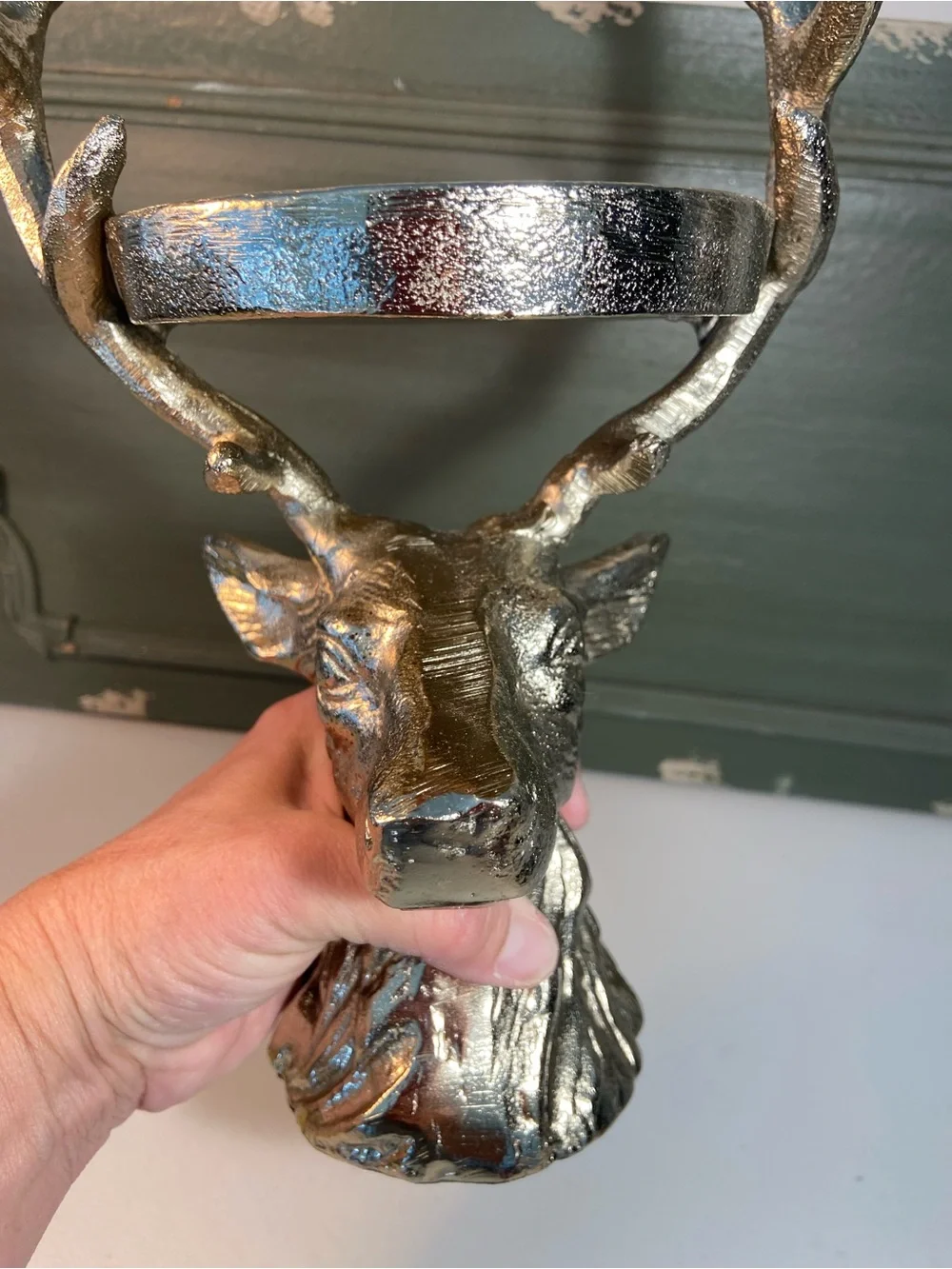 Silver Deer Stag Head Antler Candle Holder Trinket Dish Men’s